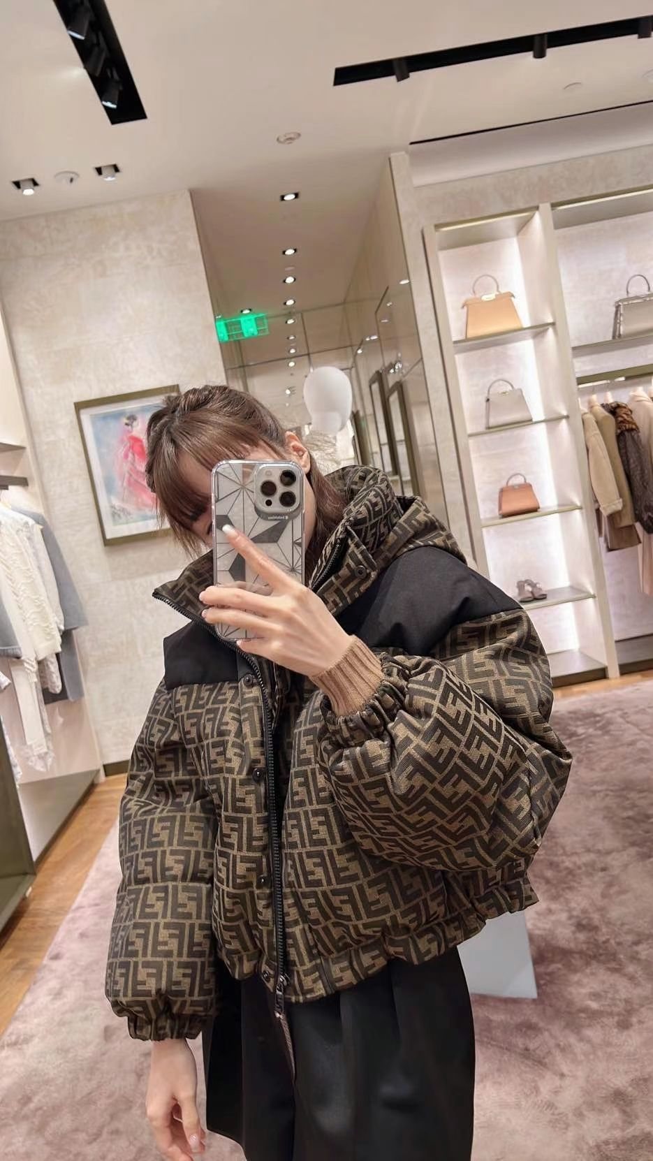 Fendi Brown Monogram Contrast Panel Puffer Jacket