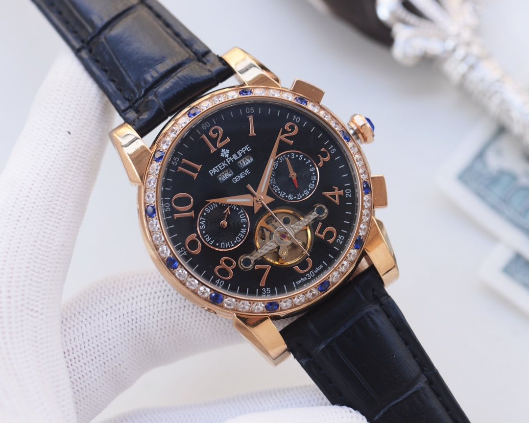 Patek Philippe Rose Gold Blue Black Dial Leather Strap Watch