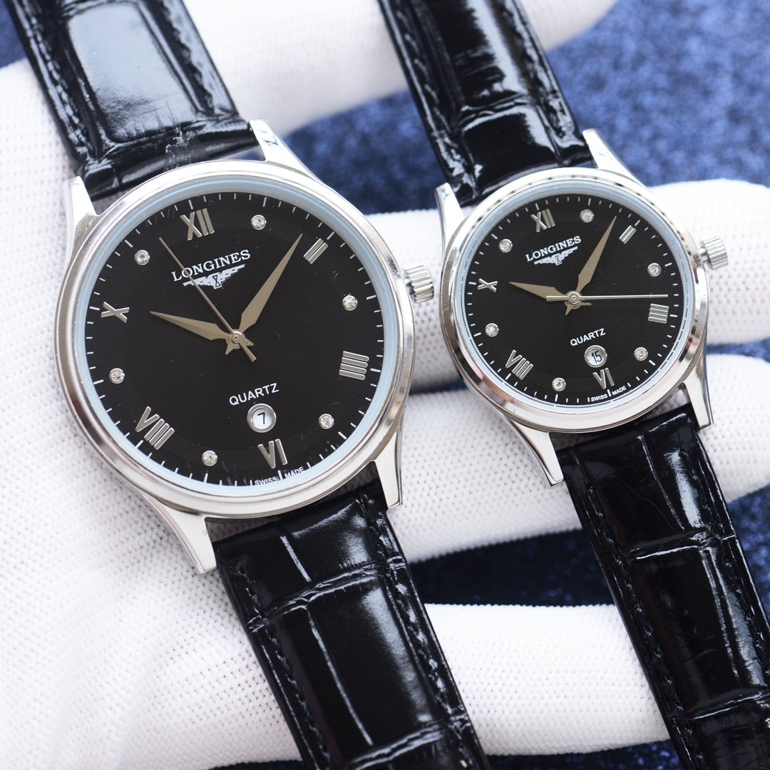 Longines Black Dial Leather Strap Couple Watch Set