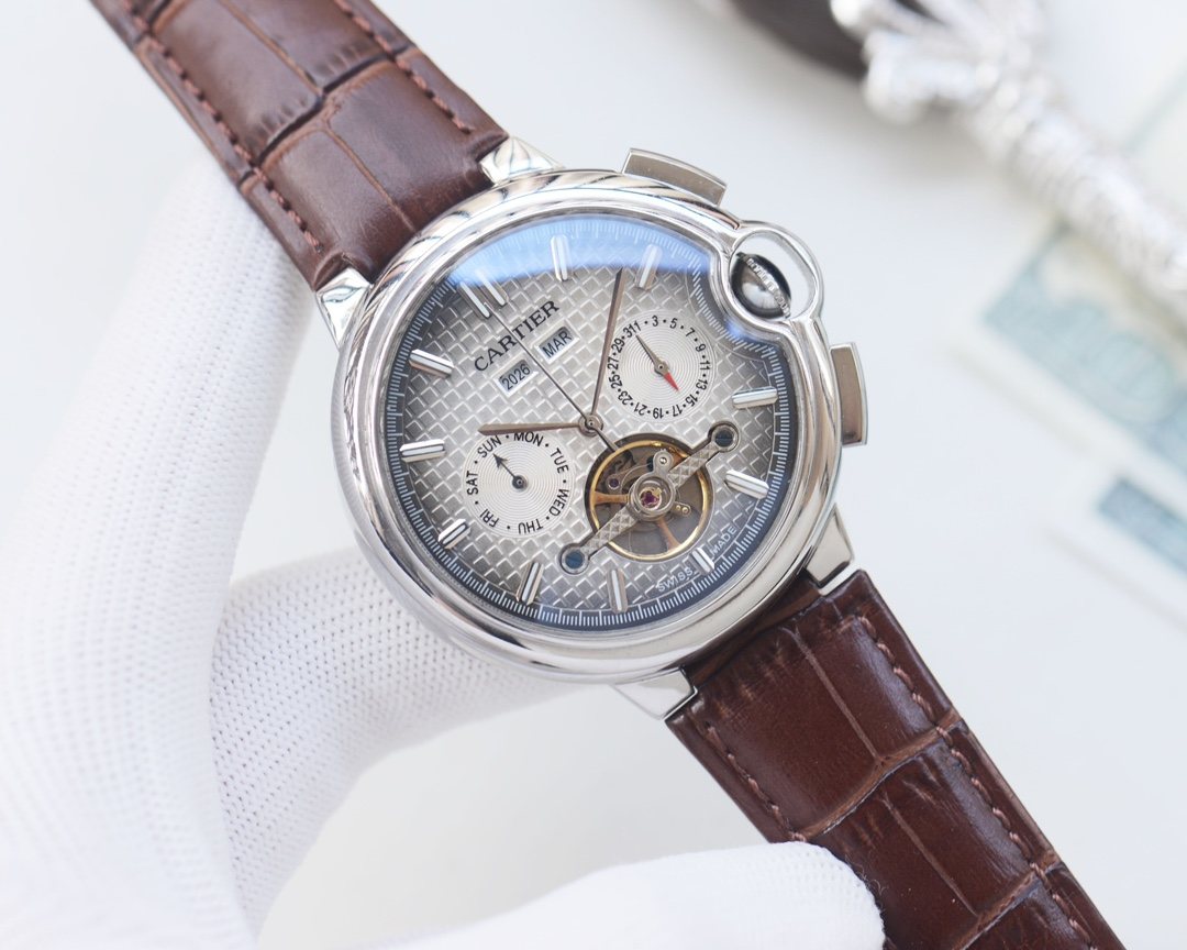 Cartier Brown Silver Dial Leather Strap Watch