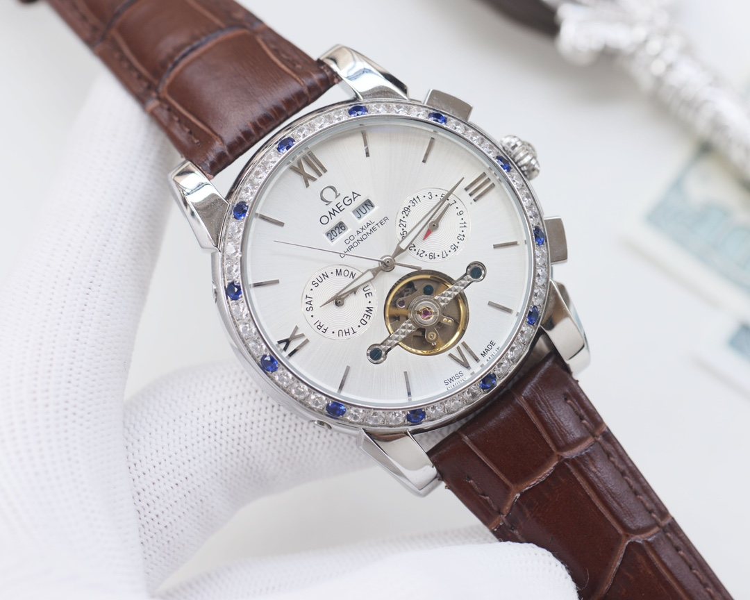 OMEGA Brown Silver White Dial Strap Watch
