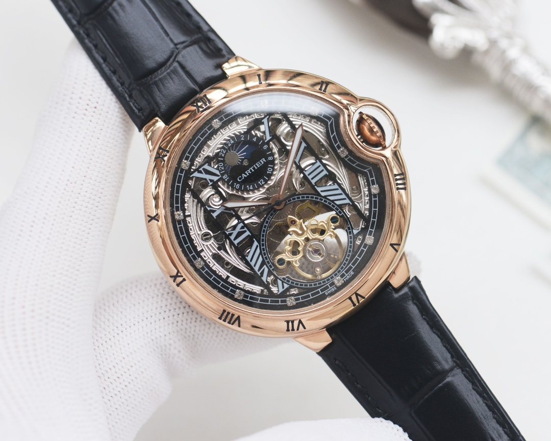 Cartier Rose Gold Black Leather Strap Watch