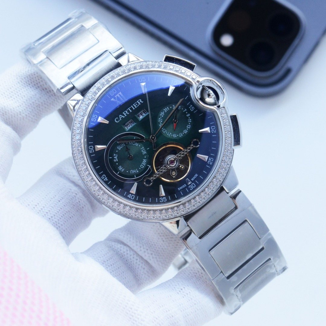 Cartier Silver Green Blue Dial Bracelet Watch