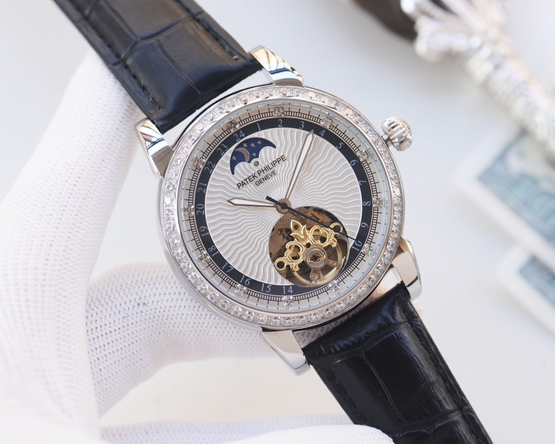 Patek Philippe Black Silver White Dial Leather Strap Watch