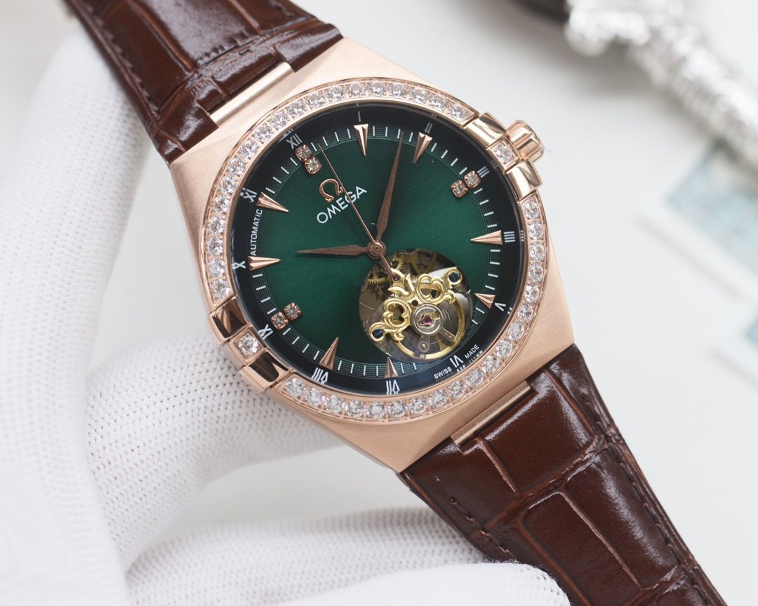 OMEGA Rose Gold Brown Green Dial Strap Watch
