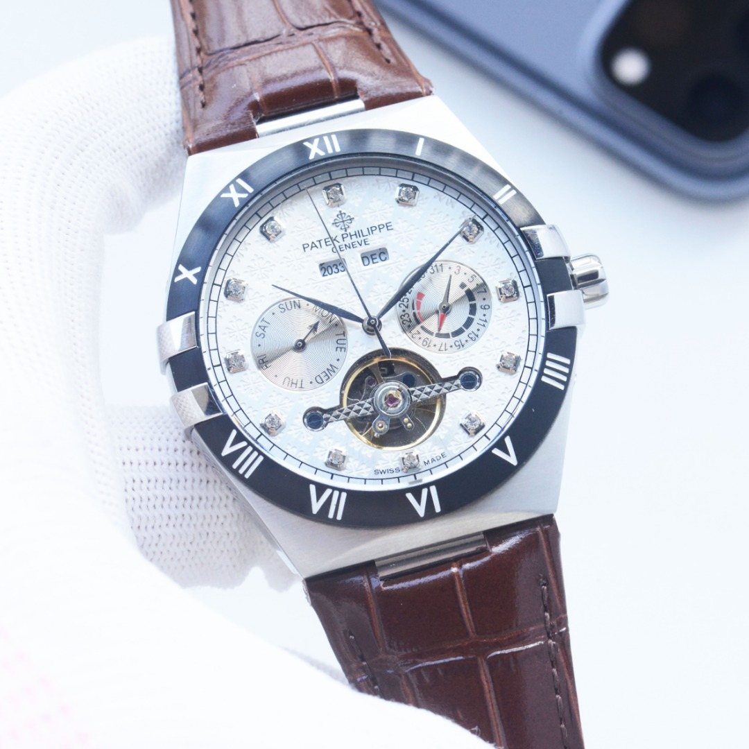 Patek Philippe Brown Silver White Dial Leather Strap Watch