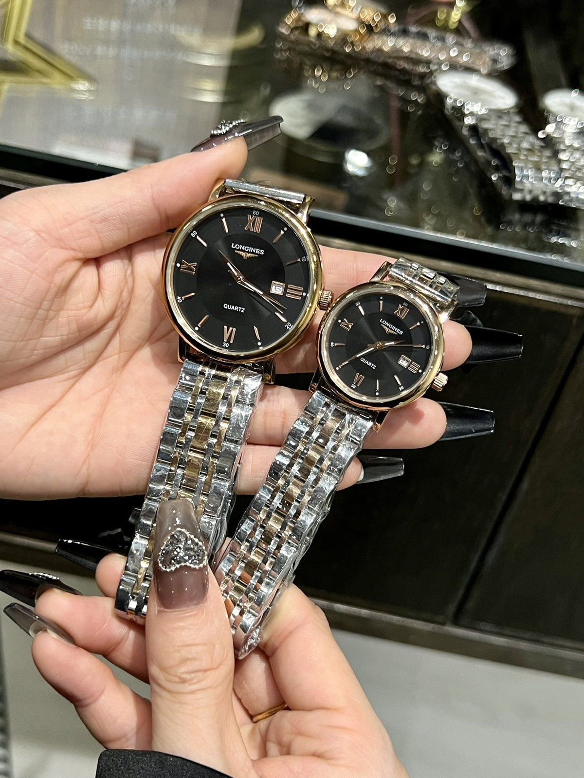Longines Black Dial Two-Tone Bracelet Couple Watch Set