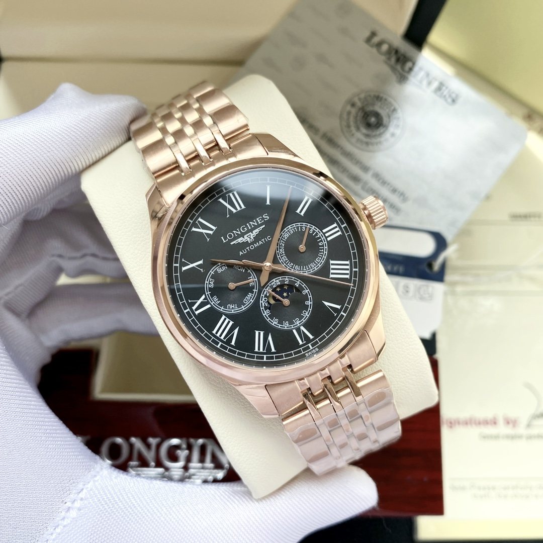 Longines Rose Gold Black Dial Bracelet Watch
