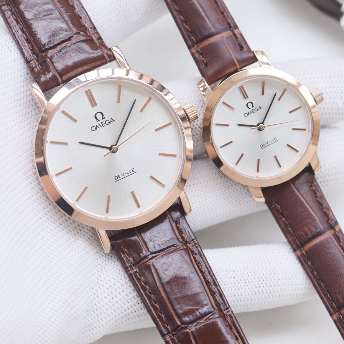 Omega Rose Gold Brown Strap Couple Watch Set