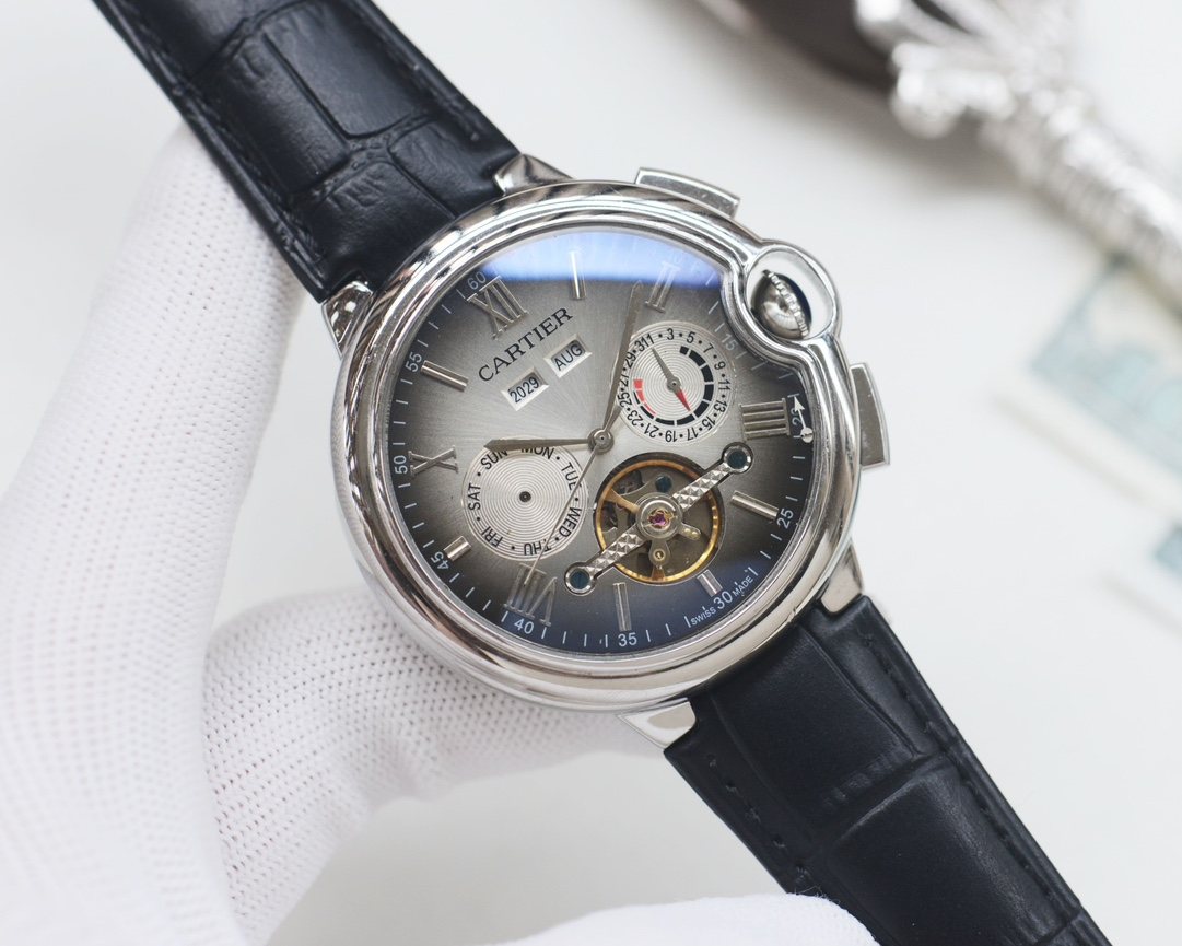 Cartier Black Silver White Dial Leather Strap Watch