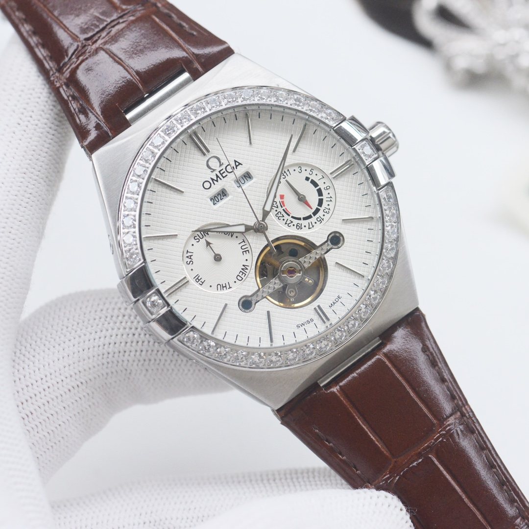 OMEGA Silver Brown White Dial Strap Watch