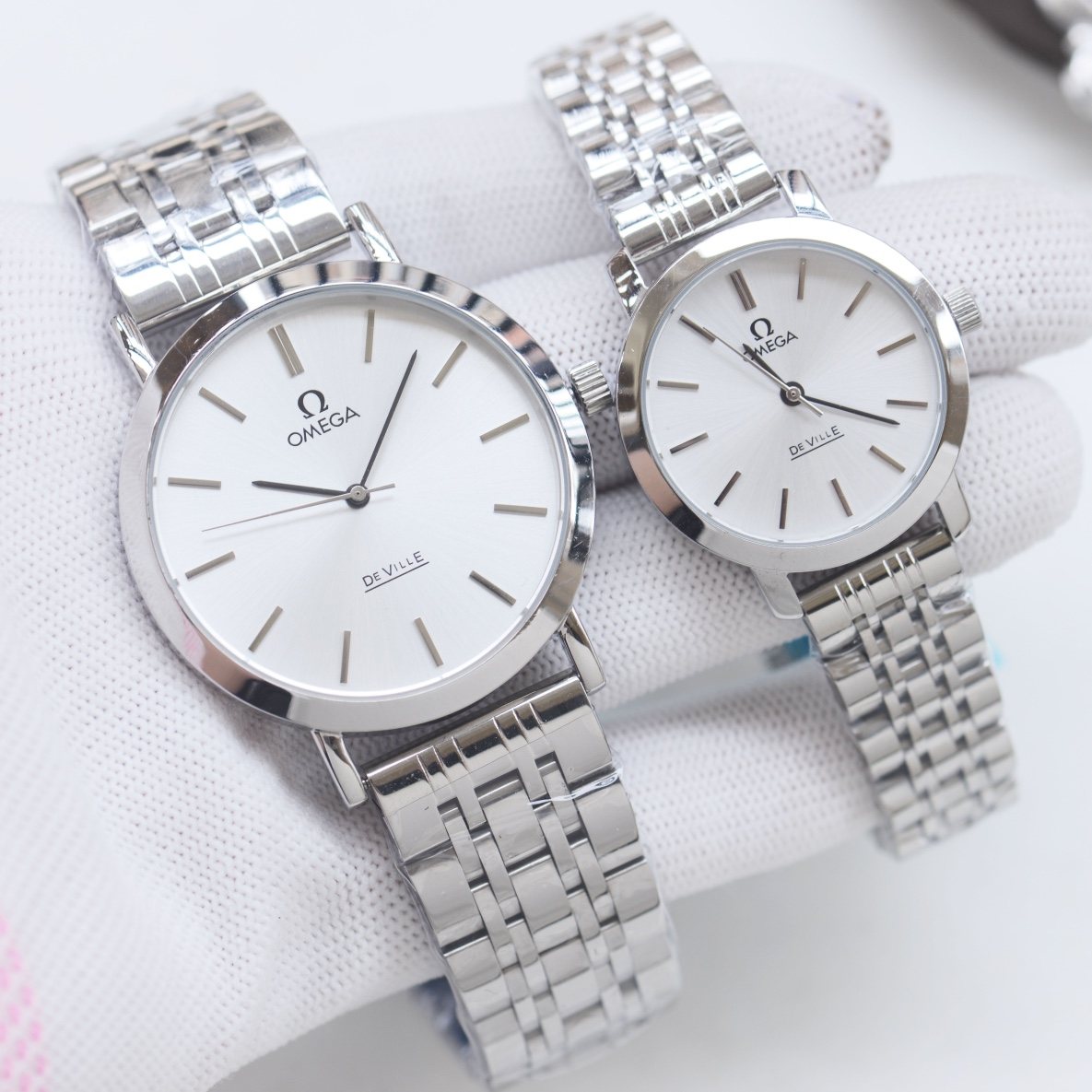 OMEGA Silver White Dial Bracelet Couple Watch Set