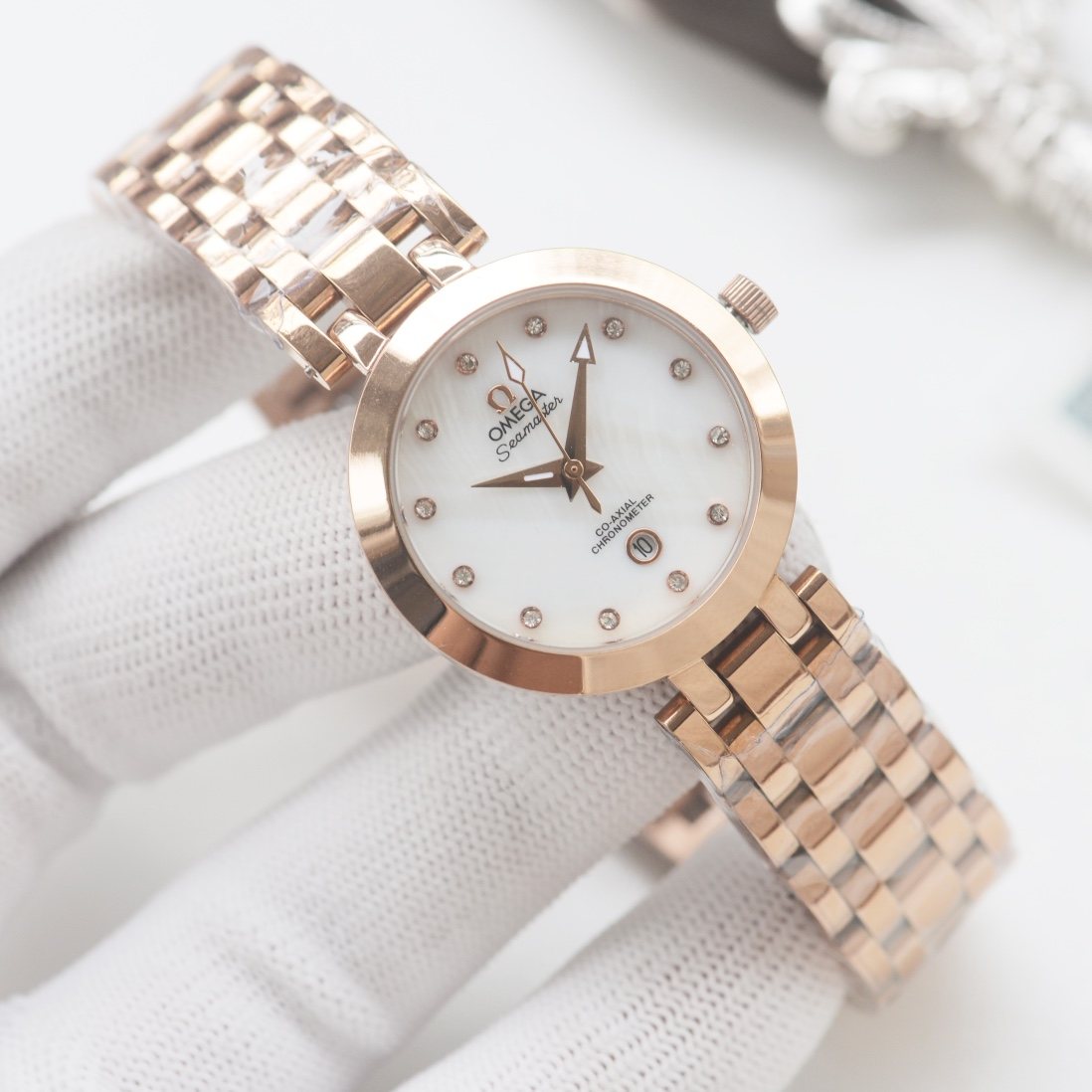 OMEGA Rose Gold Silver White Dial Bracelet Watch