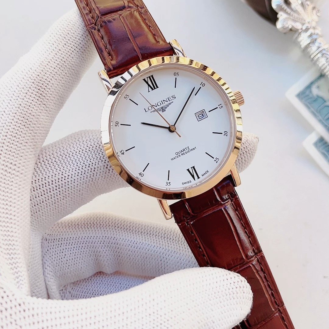 LONGINES Rose Gold Brown White Dial Leather Strap Watch