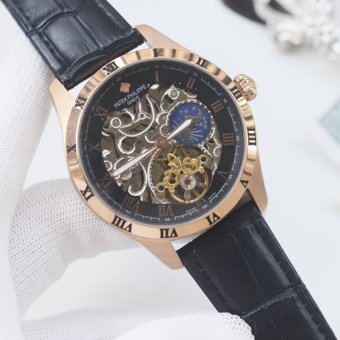 PATEK PHILIPPE Gold Black Strap Watch