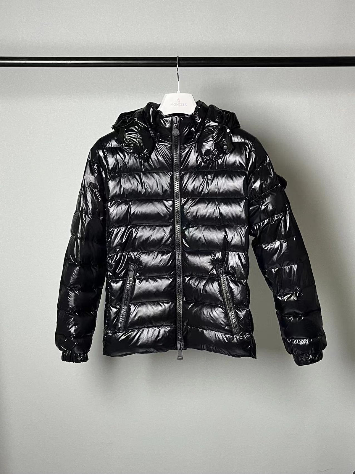 Moncler Black Glossy Hooded Puffer Coat