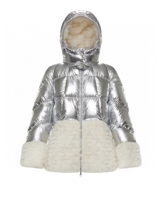 Moncler Silver Plush Panel Puffer Coat