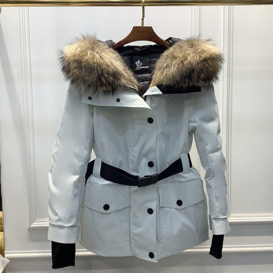 Moncler Belted Fur-Trim Hooded Coat
