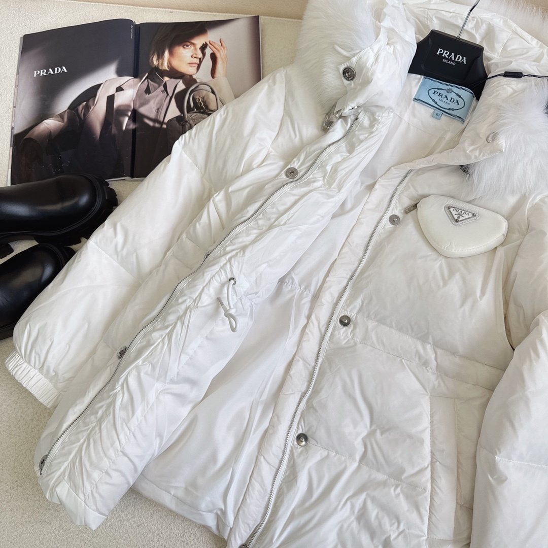 Prada Fur-Trim Hooded Puffer Jacket with Detachable Pouch