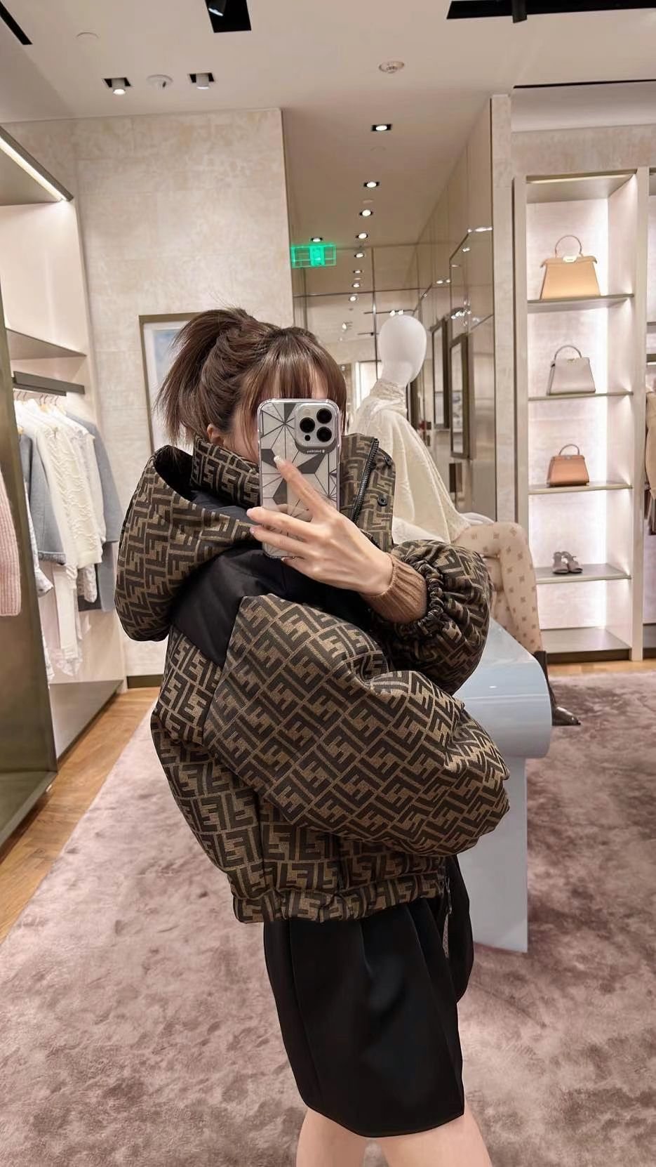 Fendi Brown Monogram Contrast Panel Puffer Jacket