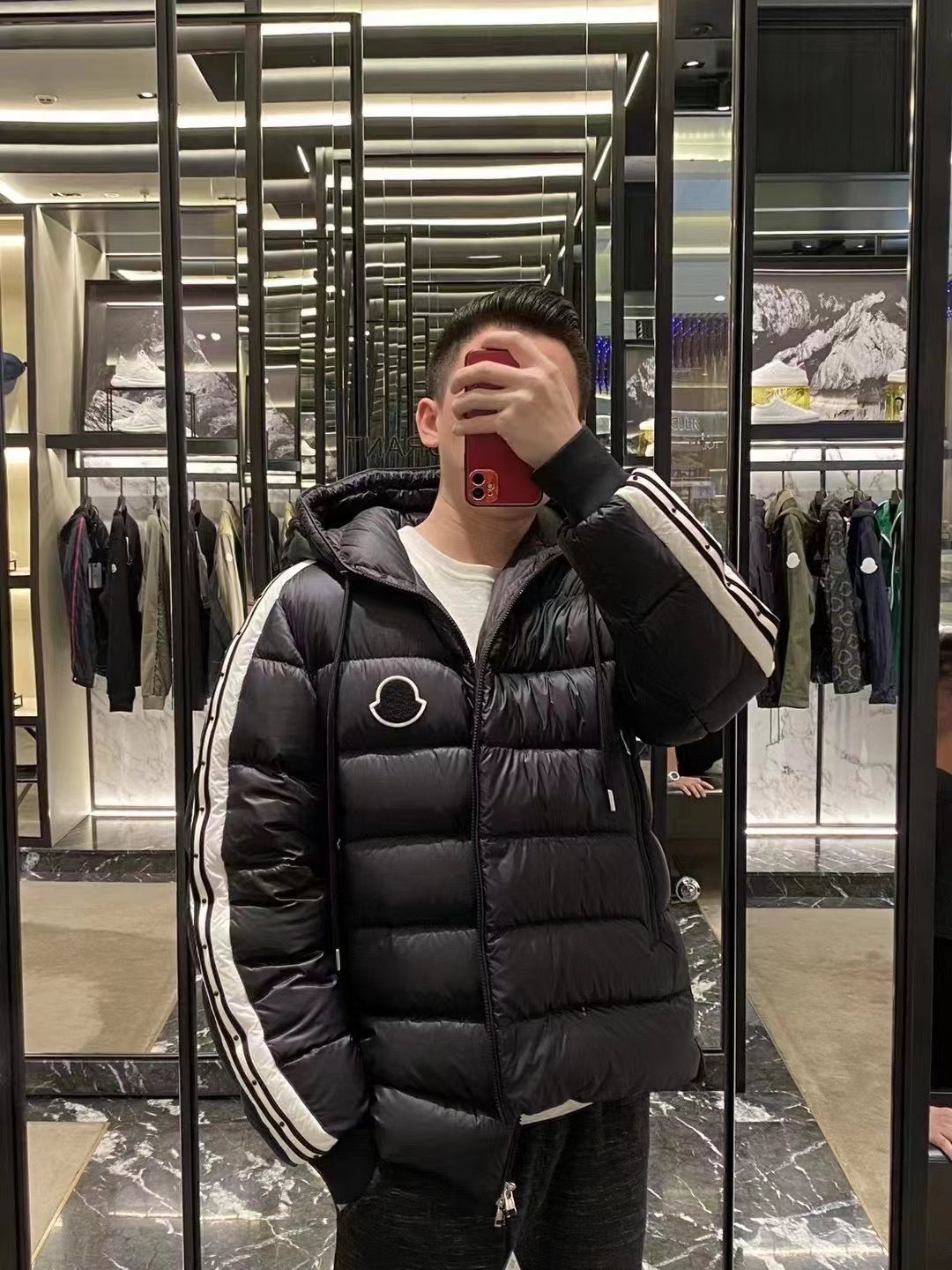 Moncler Hooded Striped-Sleeve Puffer Coat