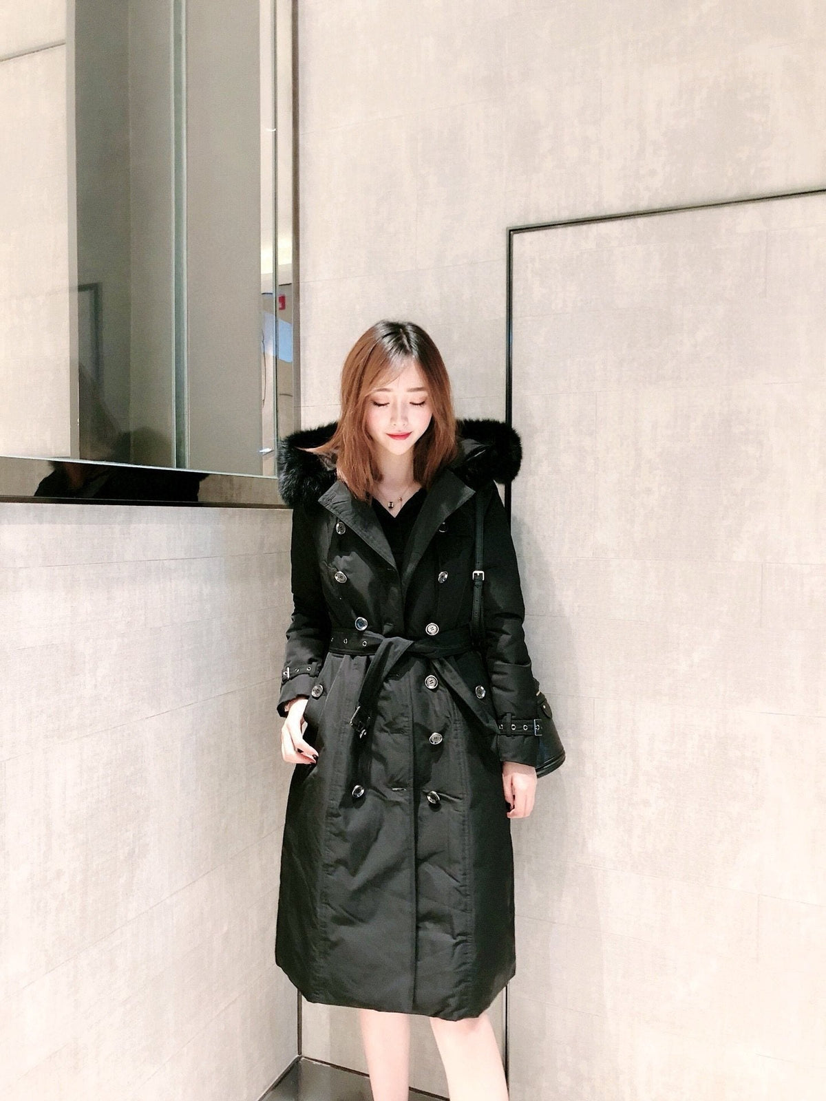 Burberry Fox Fur-Trim Belted Long Down Jacket