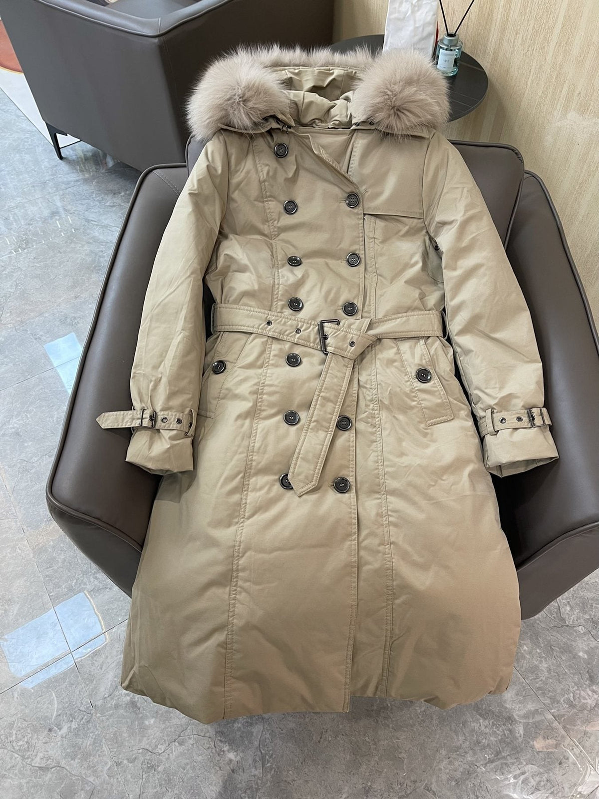 Burberry Fox Fur-Trim Belted Long Down Jacket