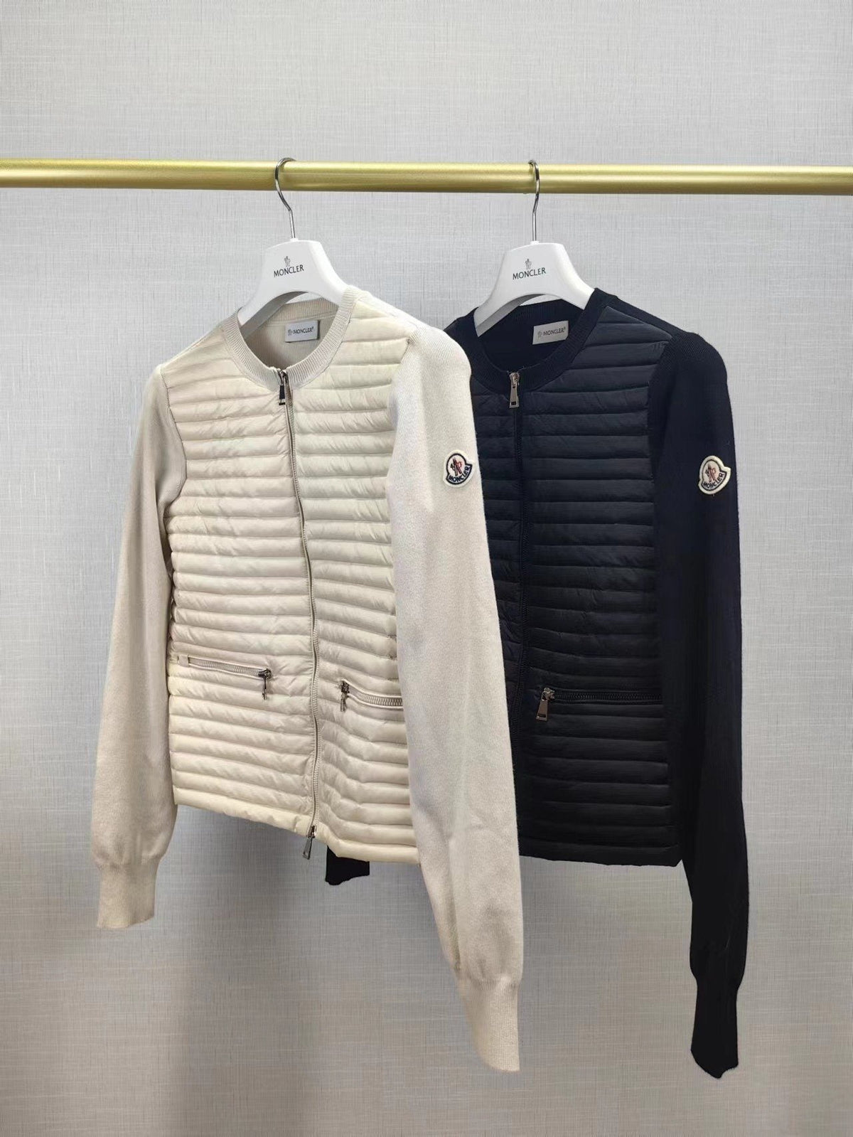 Moncler Quilted Knit-Sleeve Zip Down Jacket