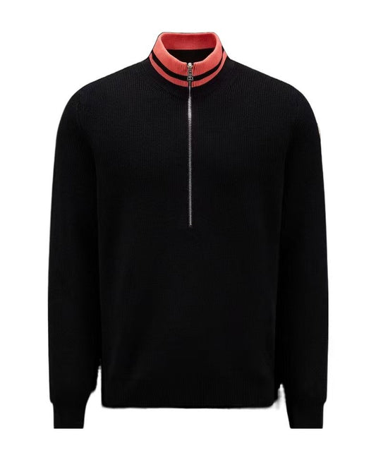 Moncler Rib-Knit Striped Collar Quarter-Zip Sweater