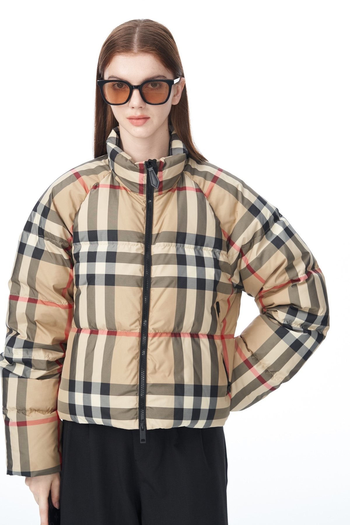 Burberry Beige and Navy Check Short Puffer Jacket