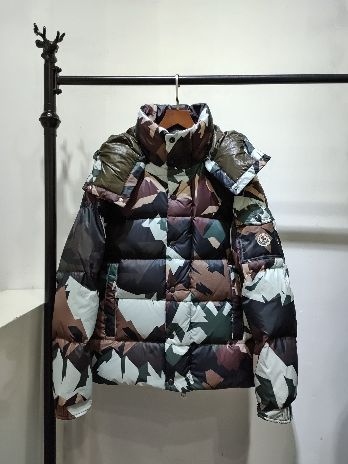 Moncler Geometric Camouflage Hooded Puffer Coat