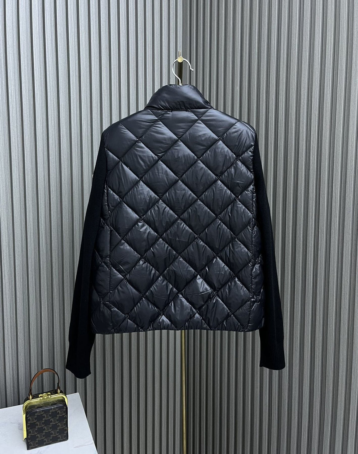 Moncler Diamond-Quilted Knit Sleeve Down Coat