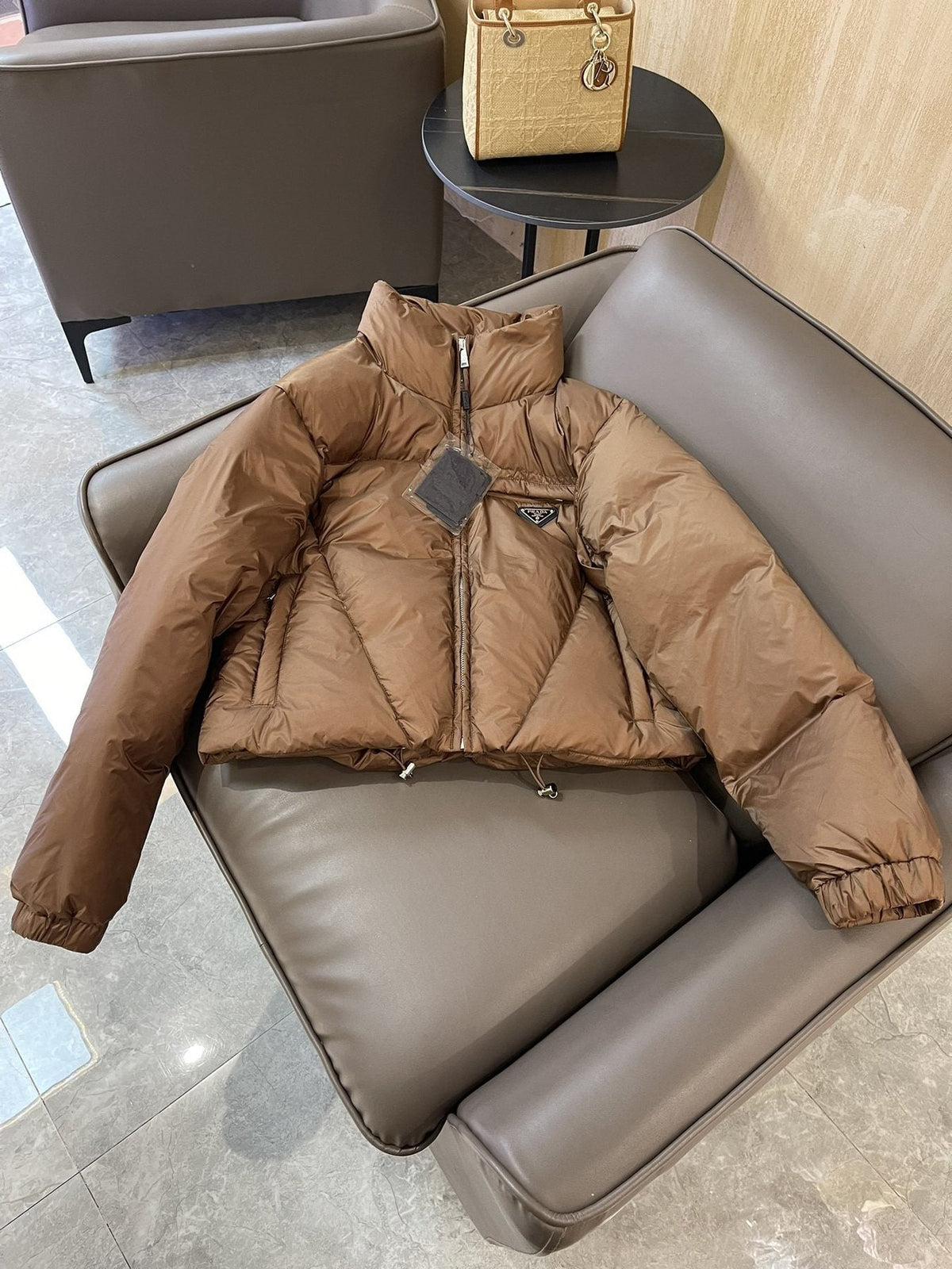 Prada Triangle Plaque Short Down Jacket
