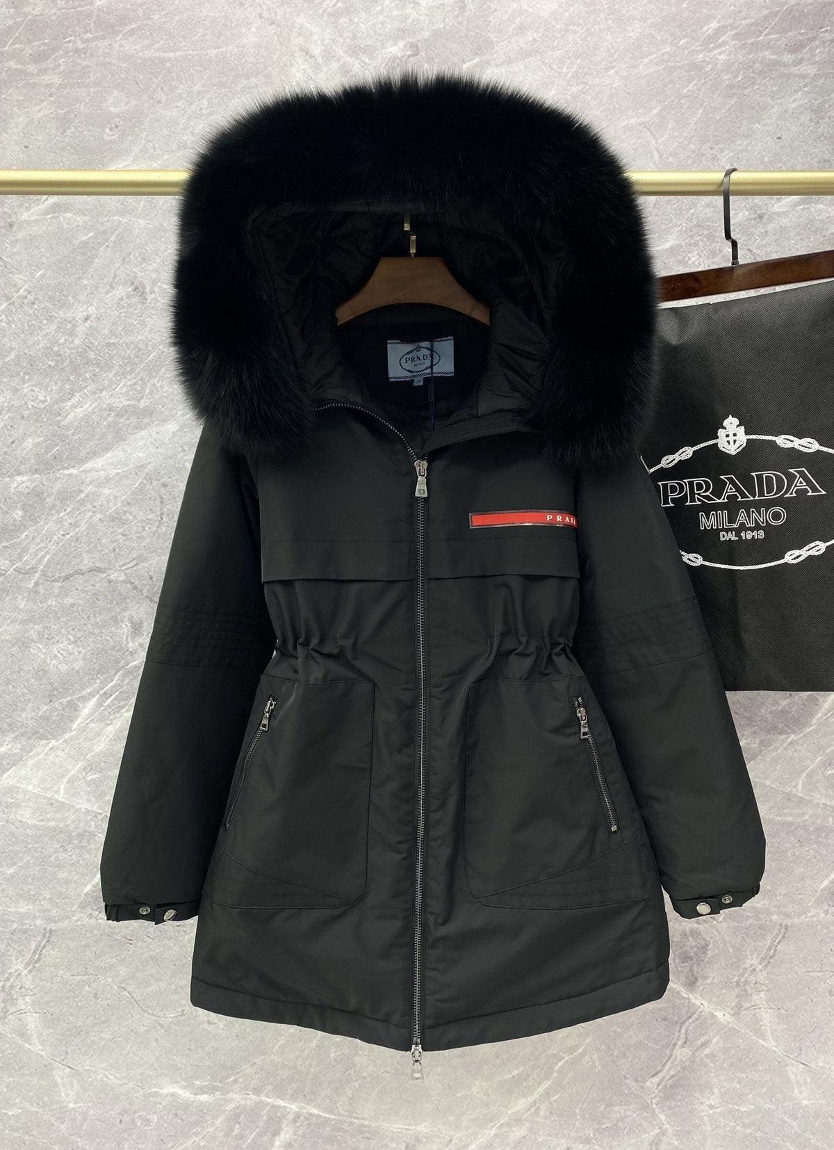Prada Fur-Trim Hood Long Down Jacket