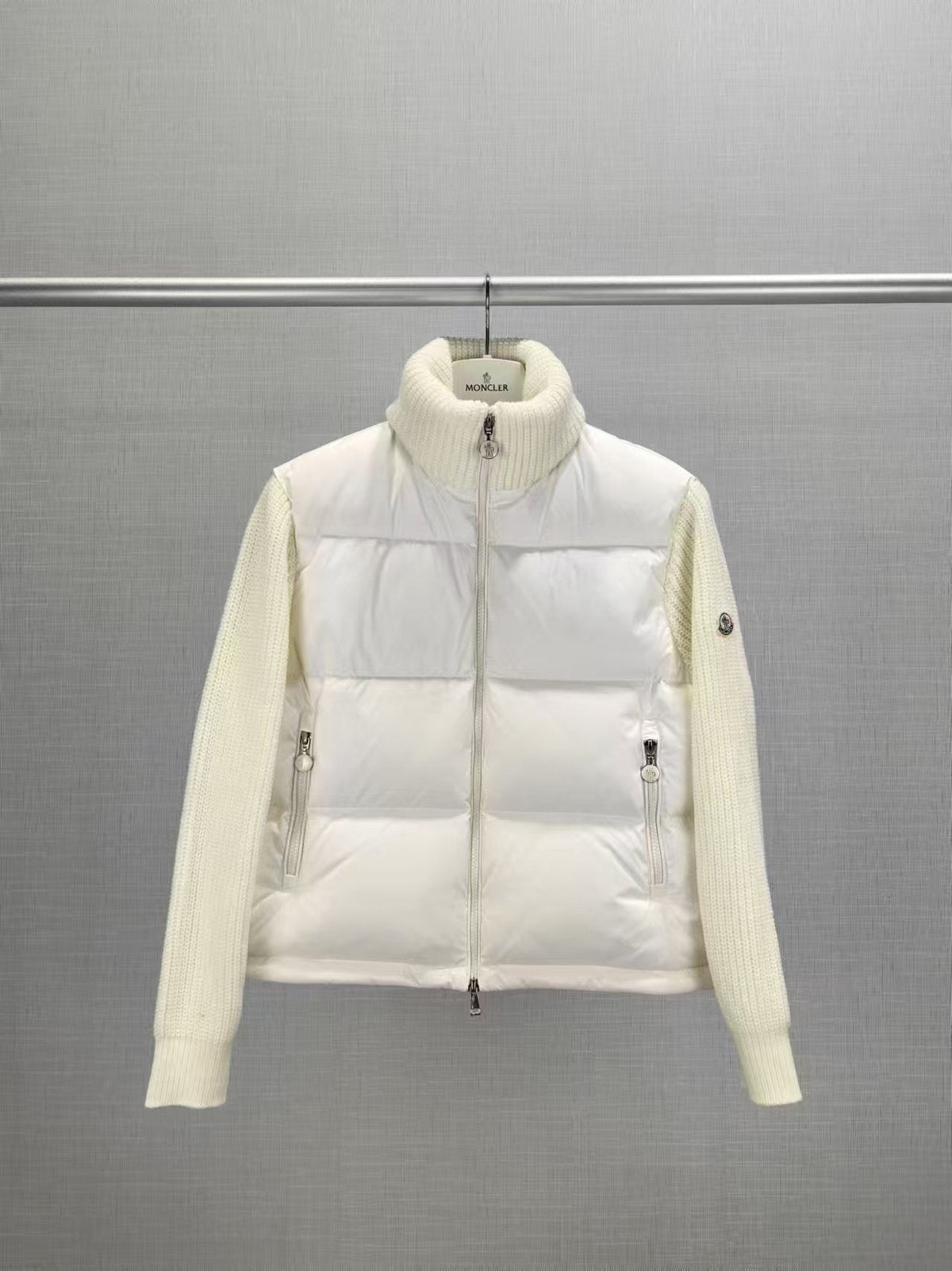 Moncler Women's High-Collar Knit-Sleeve Down Jacket