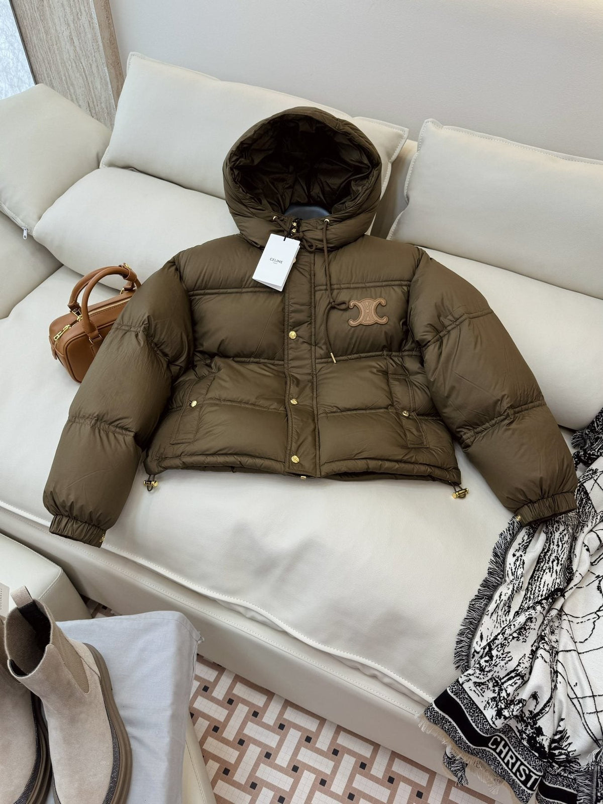 CELINE Down Coat Hooded Cropped Puffer Coat