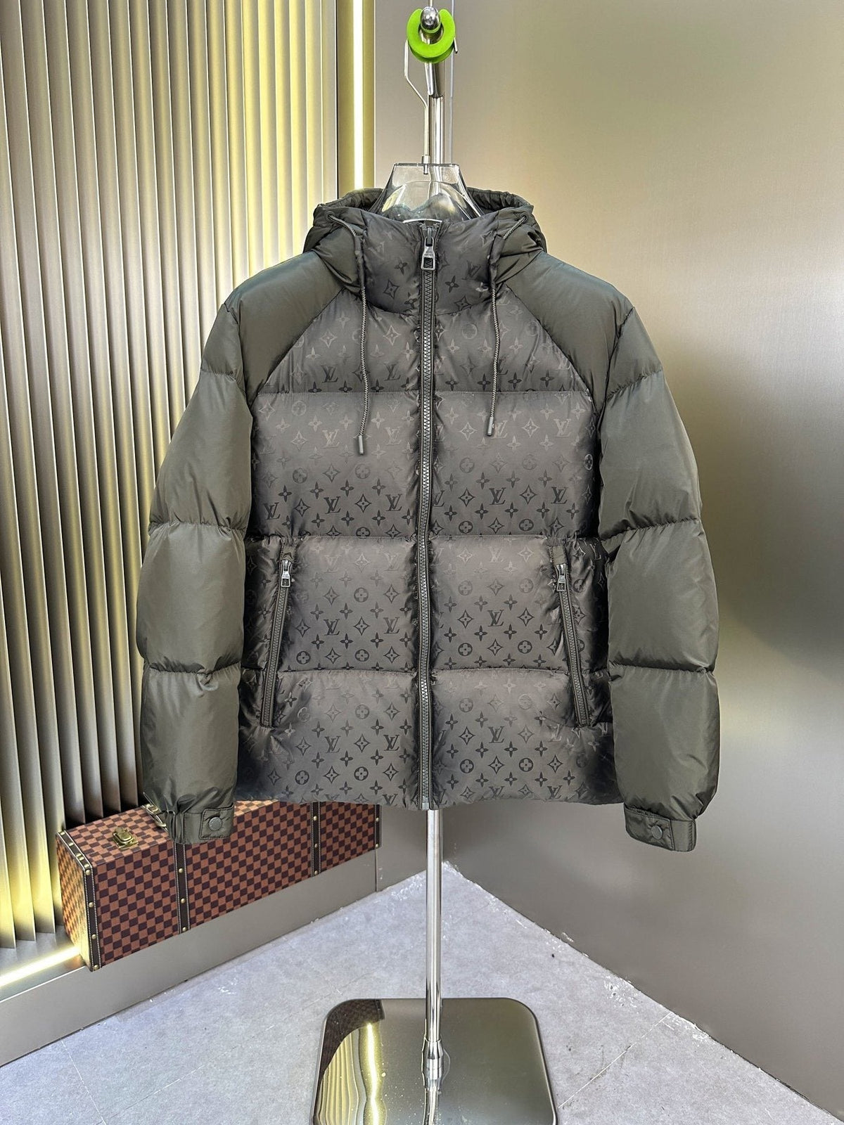 LV Hooded Monogram-Panel Puffer Coat