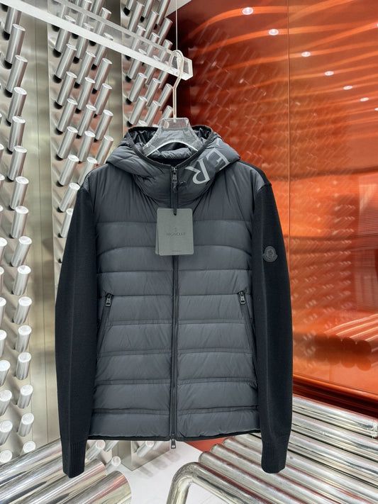 Moncler Grey Quilted Knit-Sleeve Hooded Puffer Jacket