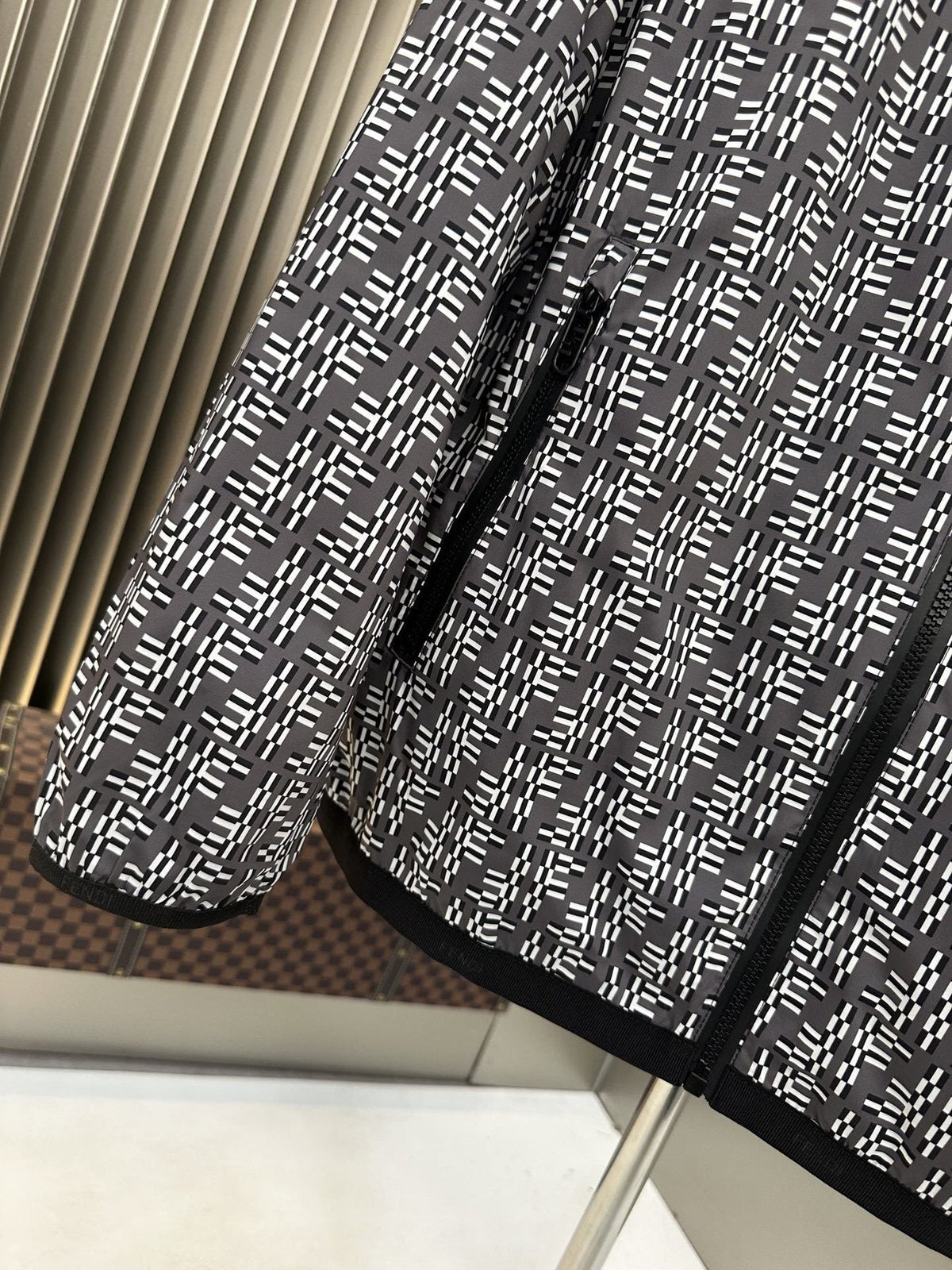 Fendi Black and White Pattern Hooded Zip-Front Jacket