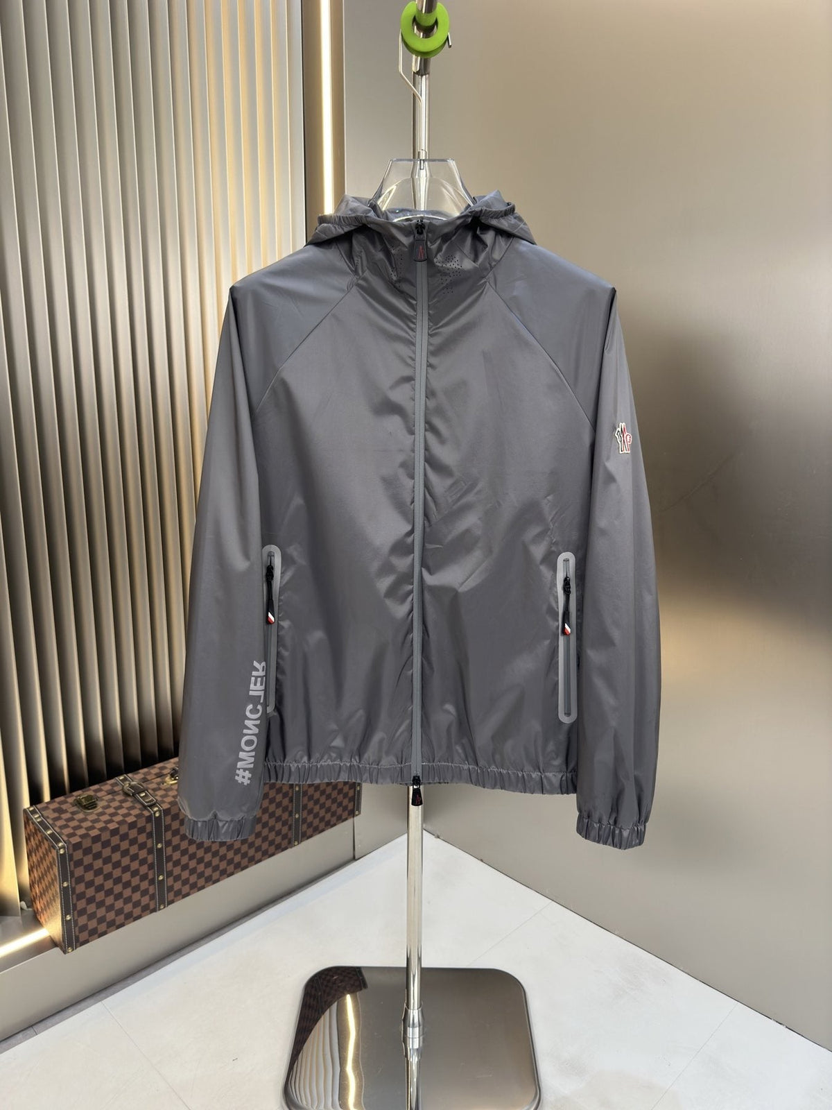 Moncler Hooded Zip-Front Jacket with Chest Emblem