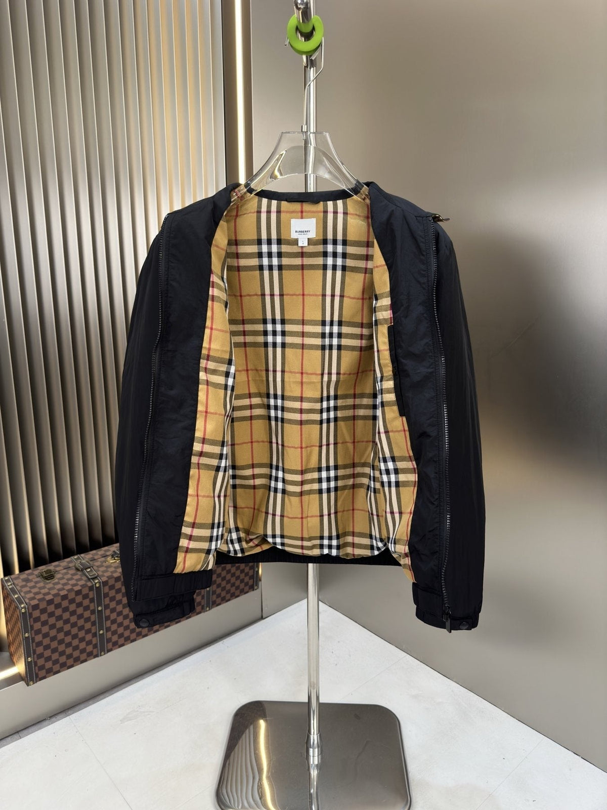 Moncler Black Zip-Front Jacket with Checked Lining