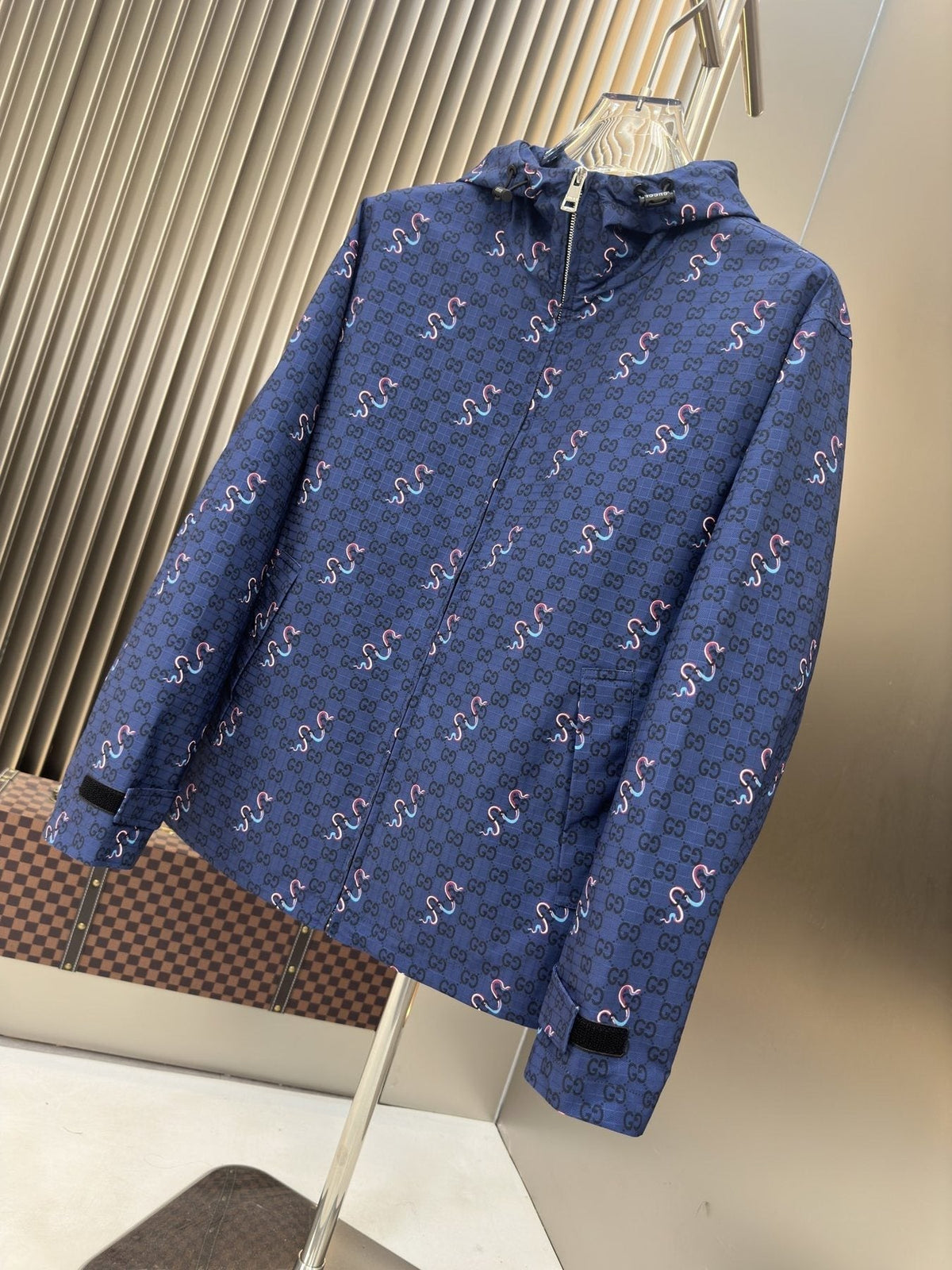 Gucci Blue Patterned Hooded Zip Jacket