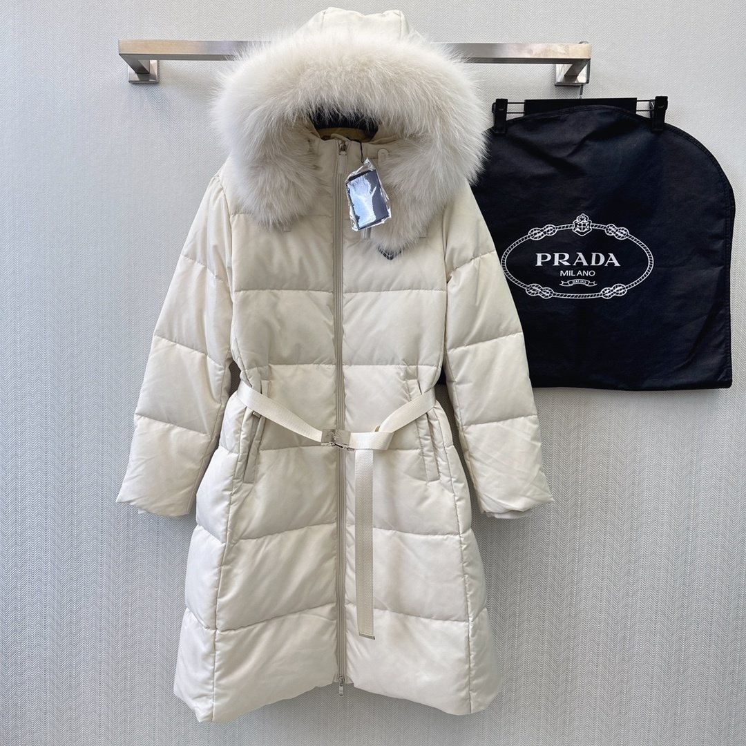 Prada Belted Fur-Trim Hood Long Down Jacket