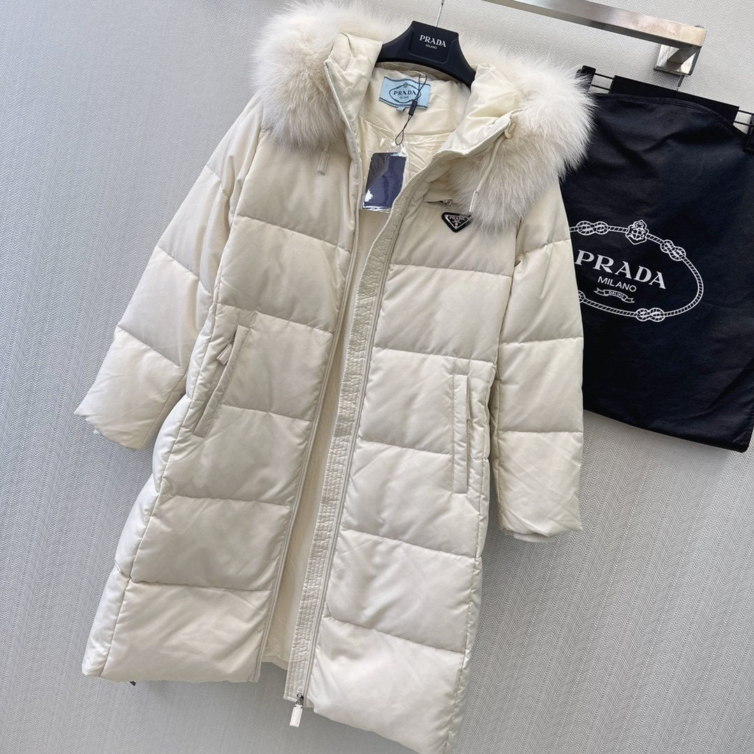 Prada Belted Fur-Trim Hood Long Down Jacket