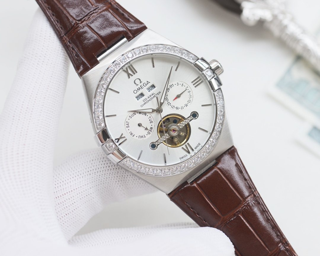 Omega Silver Brown White Dial Strap Watch