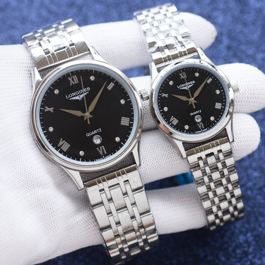 Longines Silver Black Dial Bracelet Couple Watch Set