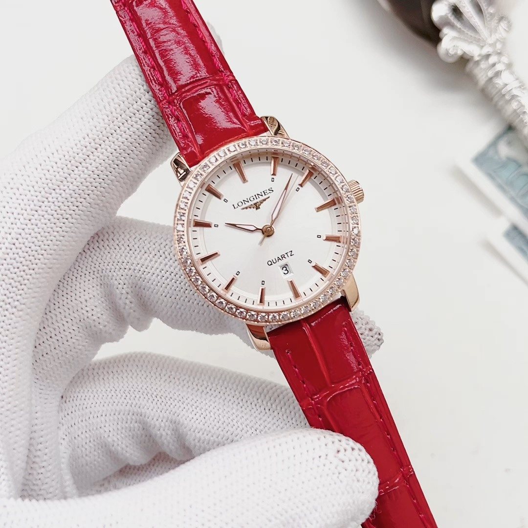 Longines Red Leather Strap Couple Watch Set
