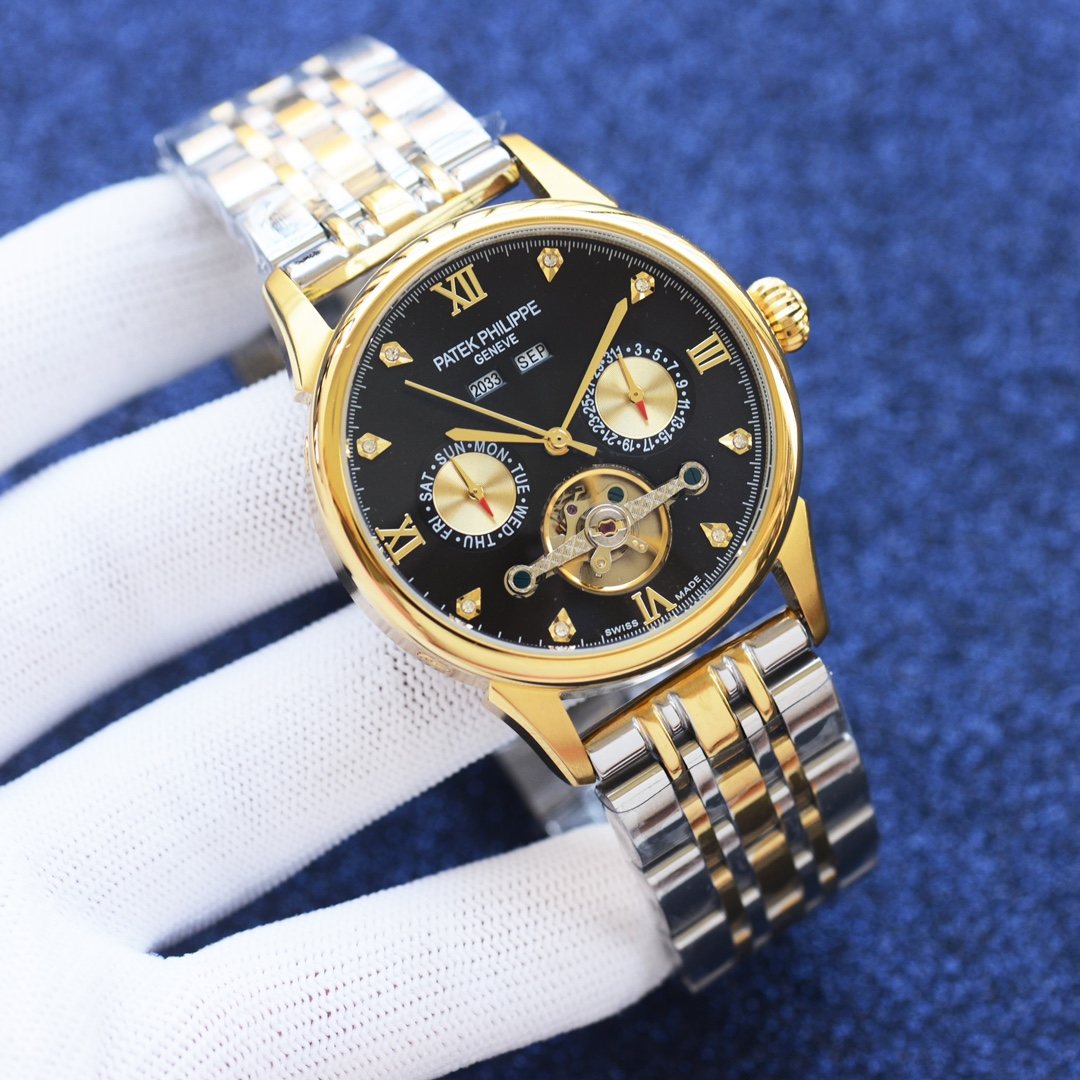 Patek Philippe Gold Two Tone Black Dial Bracelet Watch
