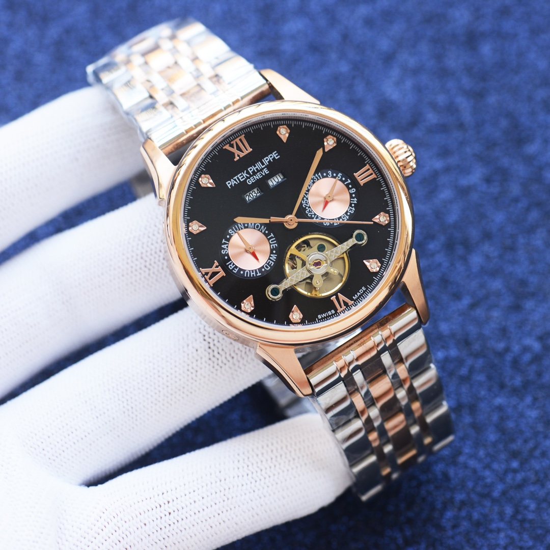 Patek Philippe Rose Gold Two Tone Black Dial Bracelet Watch