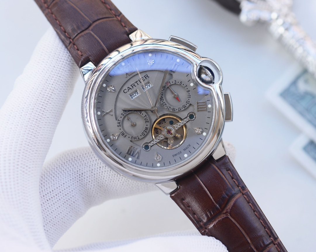 Cartier Silver Brown Strap Watch